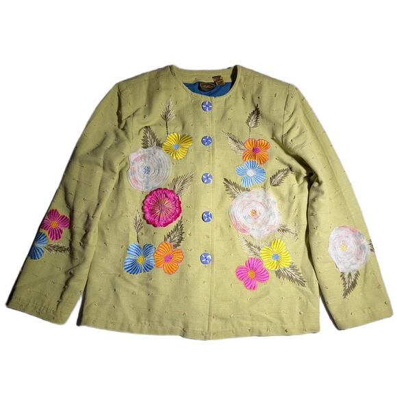 Vtg Y2K Allure Lime Green Swiss Dot Floral Applique Collarless Blazer Jacket M - Picture 1 of 4